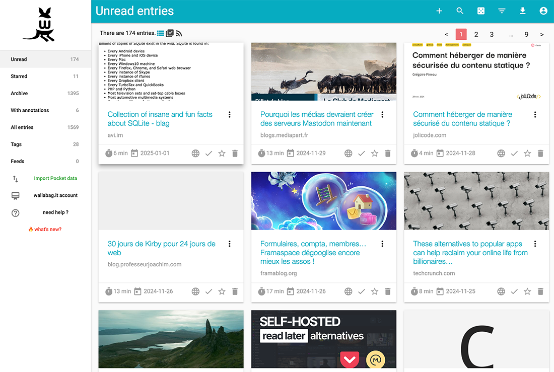 Page d'accueil d'un compte wallabag.it.